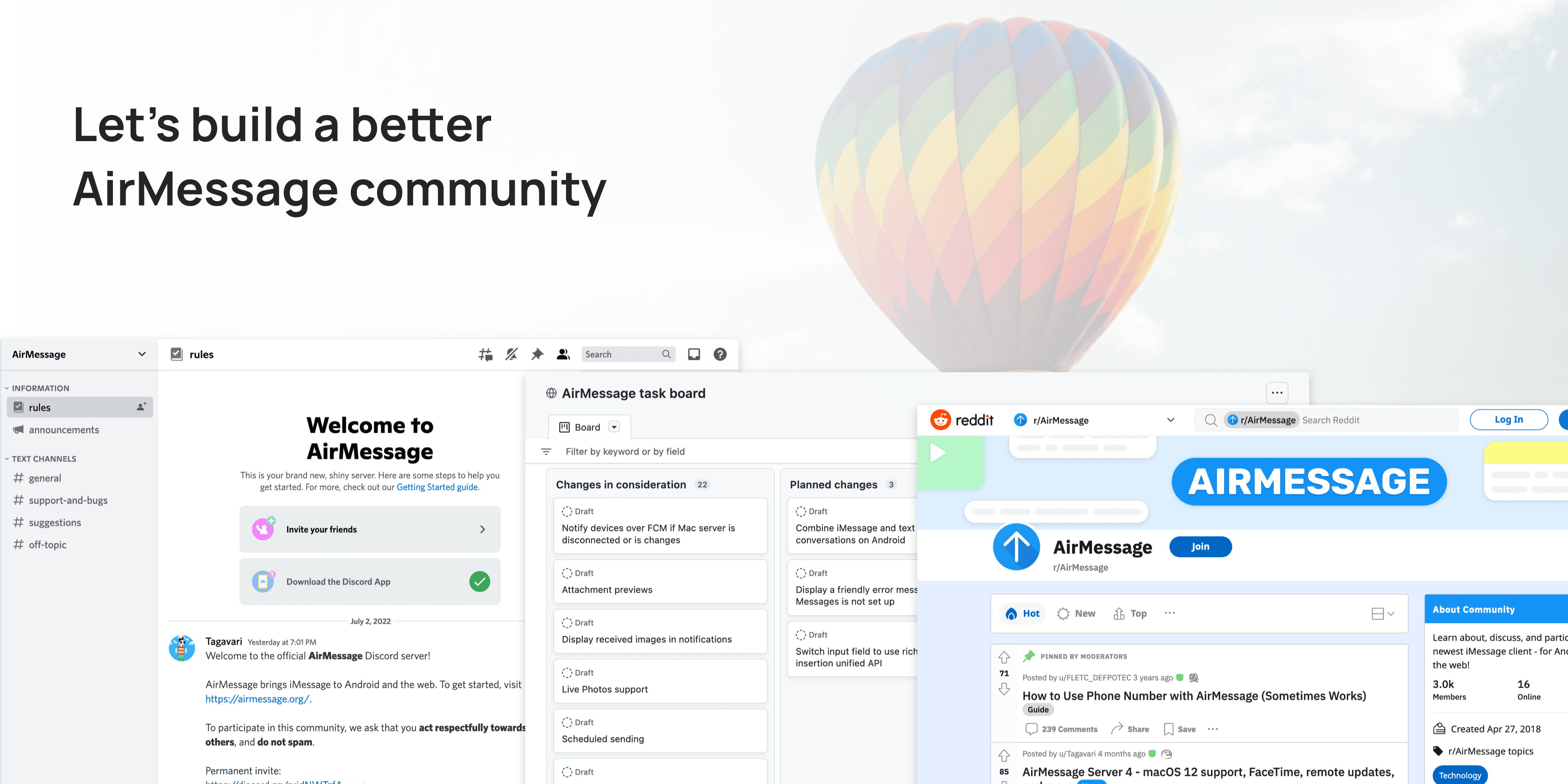 Screenshots of AirMessage's public community pages